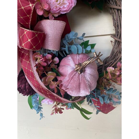 Pink Velvet Pumpkin Wreath, Burgundy & Blush Grapevine, Elegant Fall Front Door - Picture 3 of 7